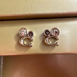 Coach Gold Signature Stud Earrings cluster logo jewel